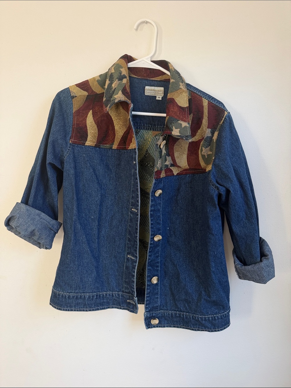 Vintage Coldwater Creek Denim Jacket Patriotic American Flag Tapestry Small